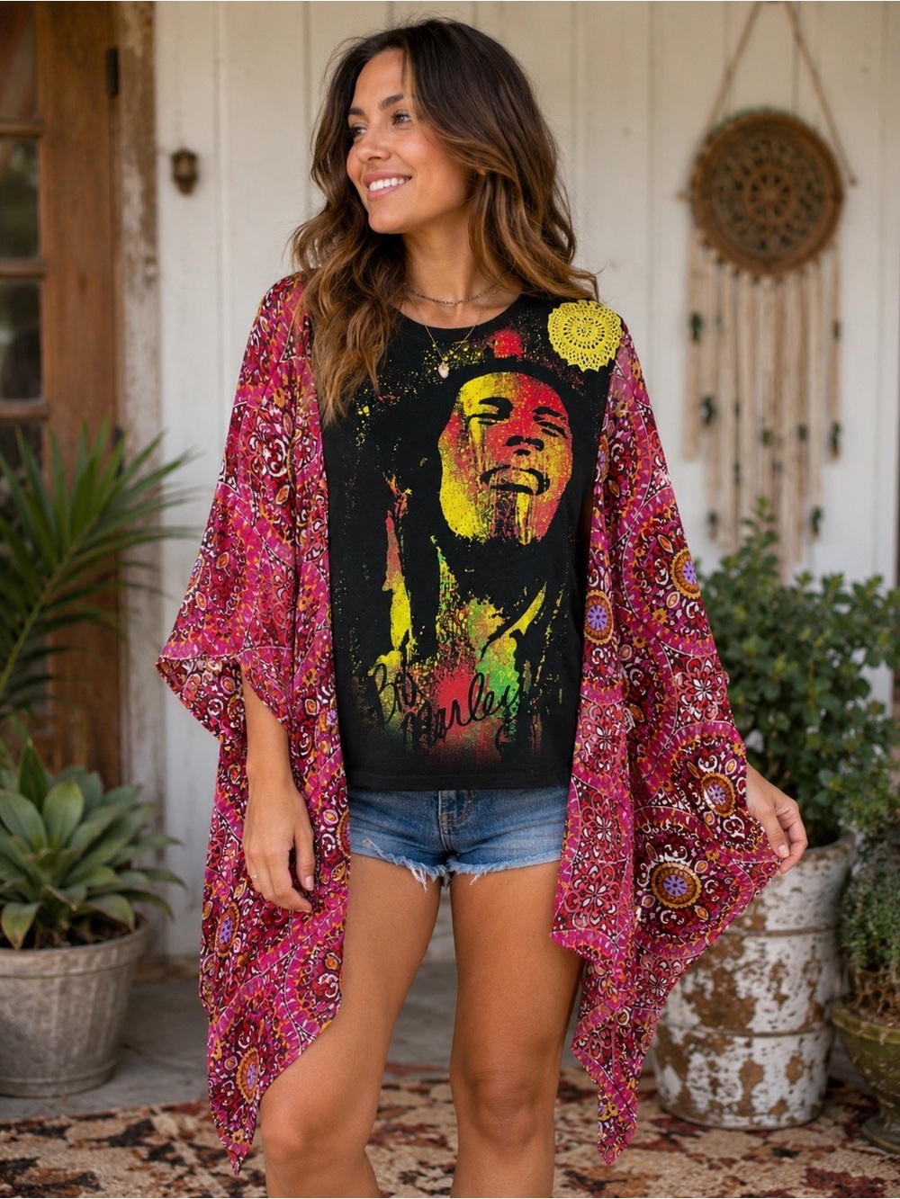 Handmade Boho Bob Marley Kimono Top – Size Large multicolor Boho Hippie Festival